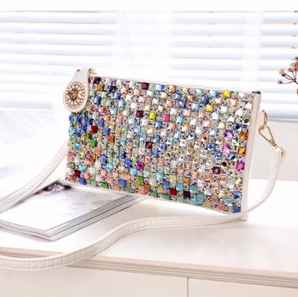 Colorful Jewel Studded Oversized Multi Funtional Clutch -White - Picture 2 of 16